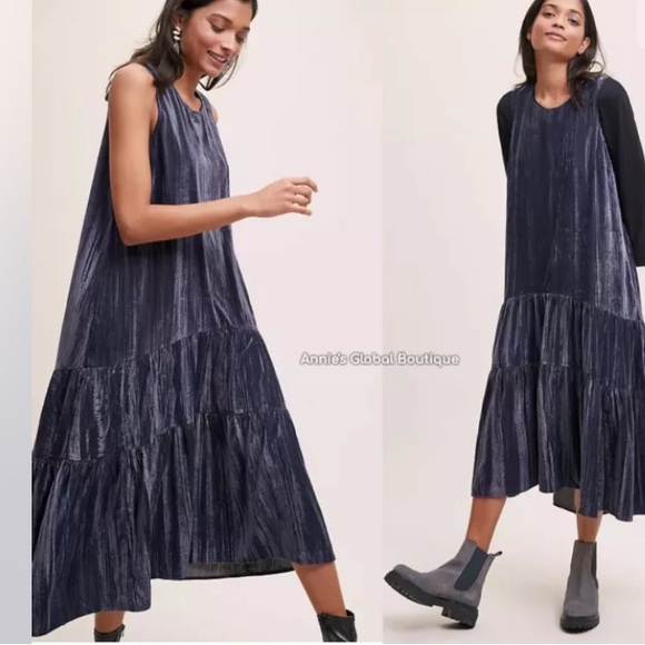 ANTHROPOLOGIE Addison Velvet Tiered Midi Dress 2 - Picture 5 of 12